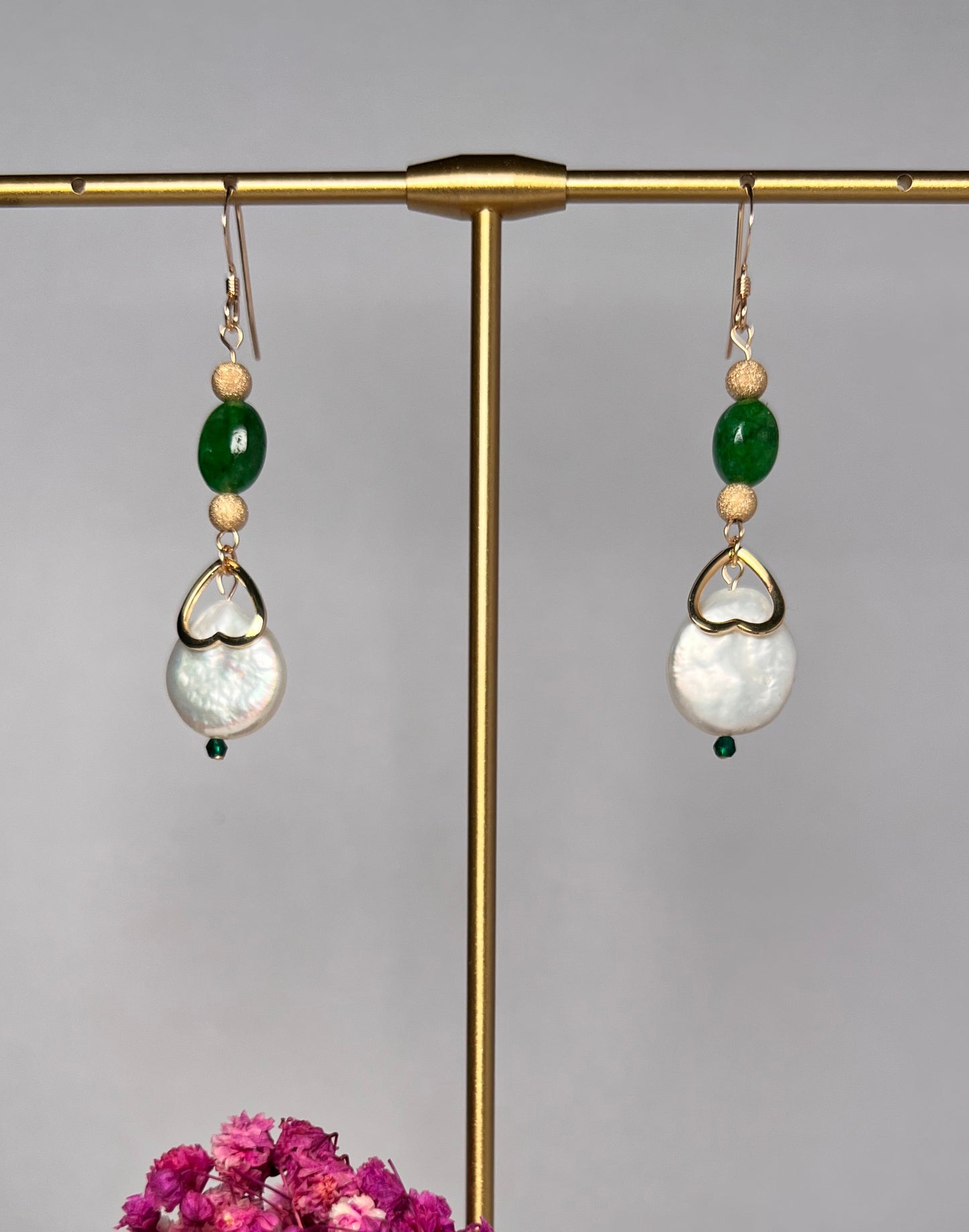 long Semiprecious Pearl Green Gold Filled Gold gemstone emerald Earrings drop