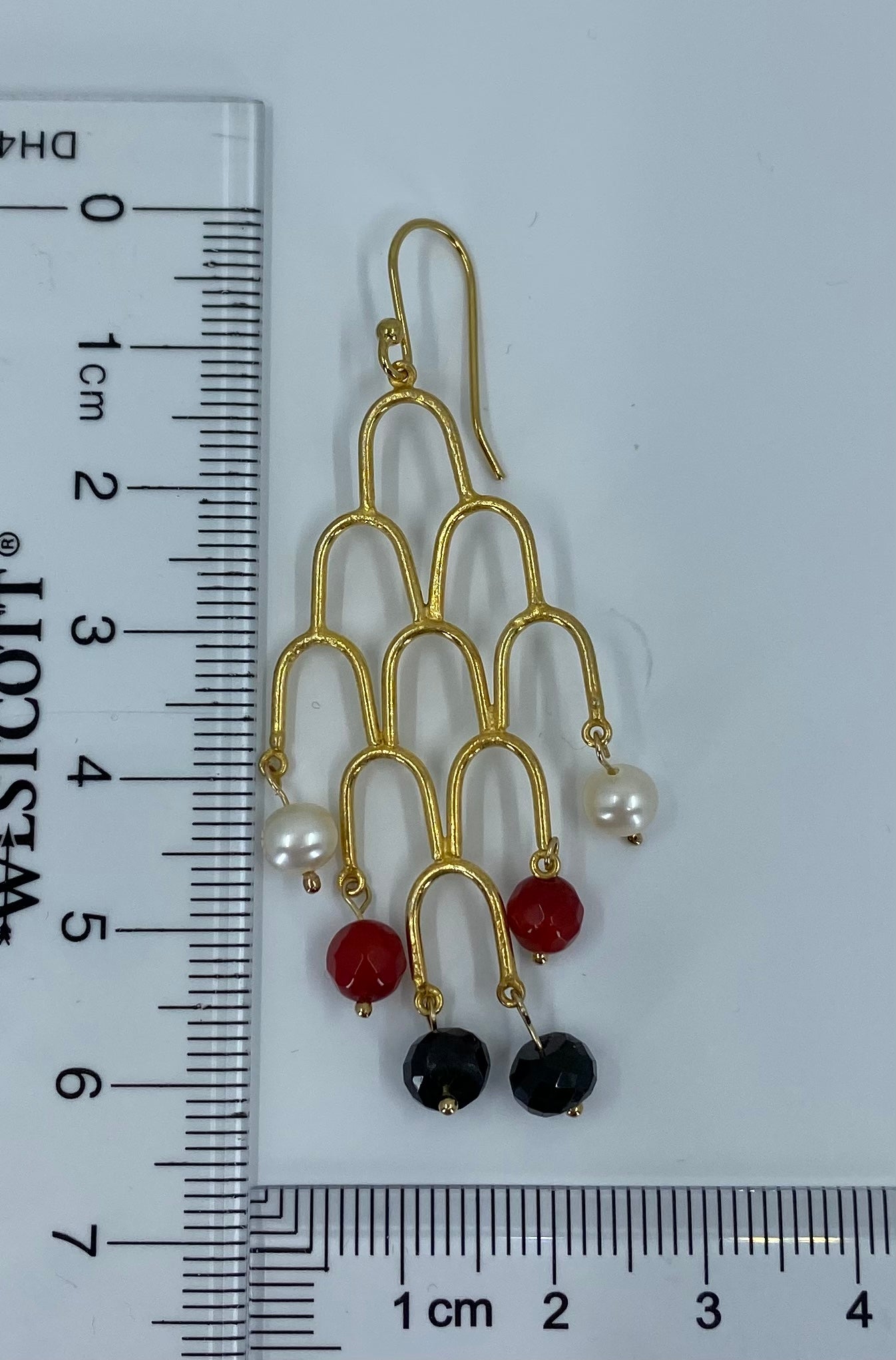Vermeil Red Coral White Pearl Black Spinel Earrings