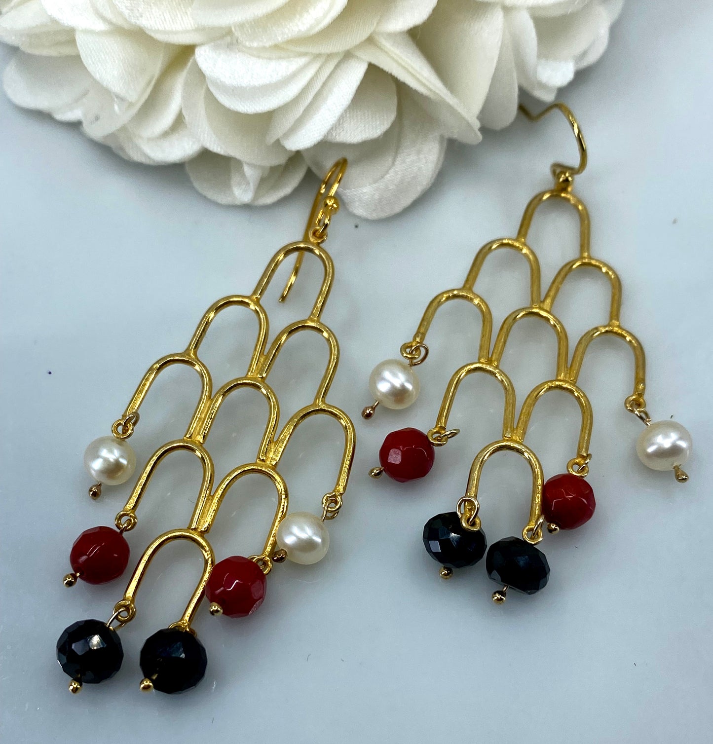 Vermeil Red Coral White Pearl Black Spinel Earrings