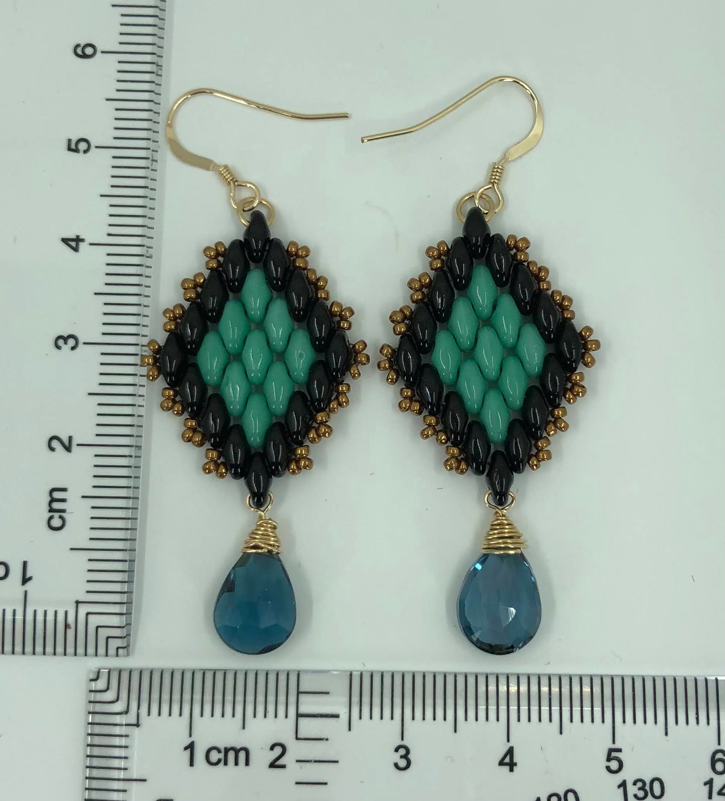 Topaz Superduo long London Blue Topaz Gold Filled Gold glass gemstone Earrings dangle Blue Black