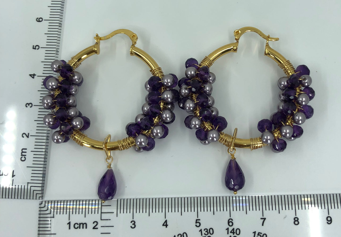 Gold Vermeil hoop statement fashion Earrings Purple Pearl Amethyst