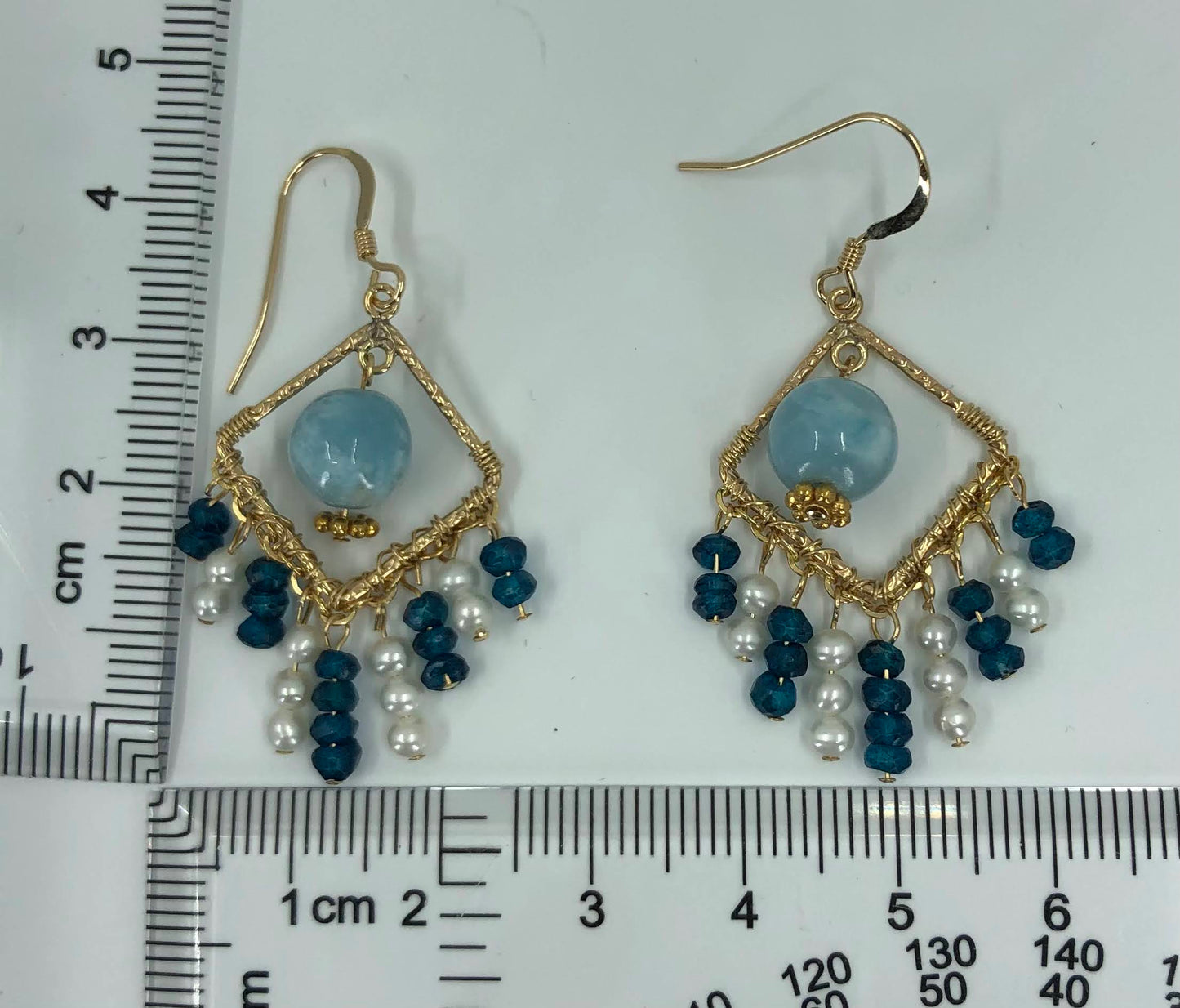 White Skyblue Semiprecious Pearl medium Larimar Gold Filled Gold gemstone Earrings Chandelier Blue Apatite Blue