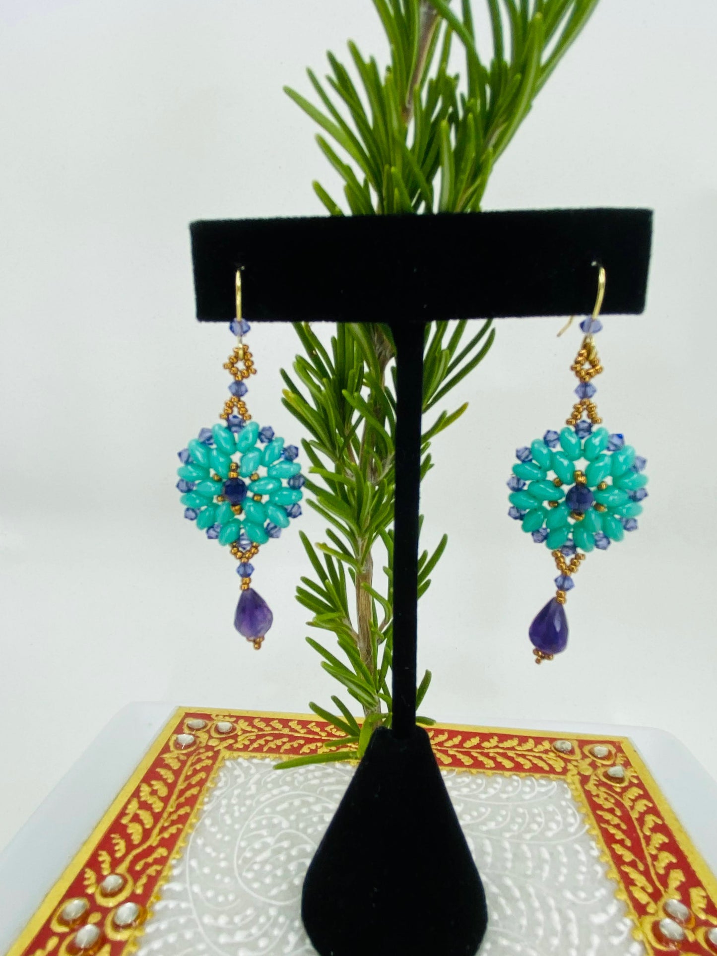 Semiprecious Purple long Gold Filled Gold gemstone Earrings dangle Crystal Blue Amethyst
