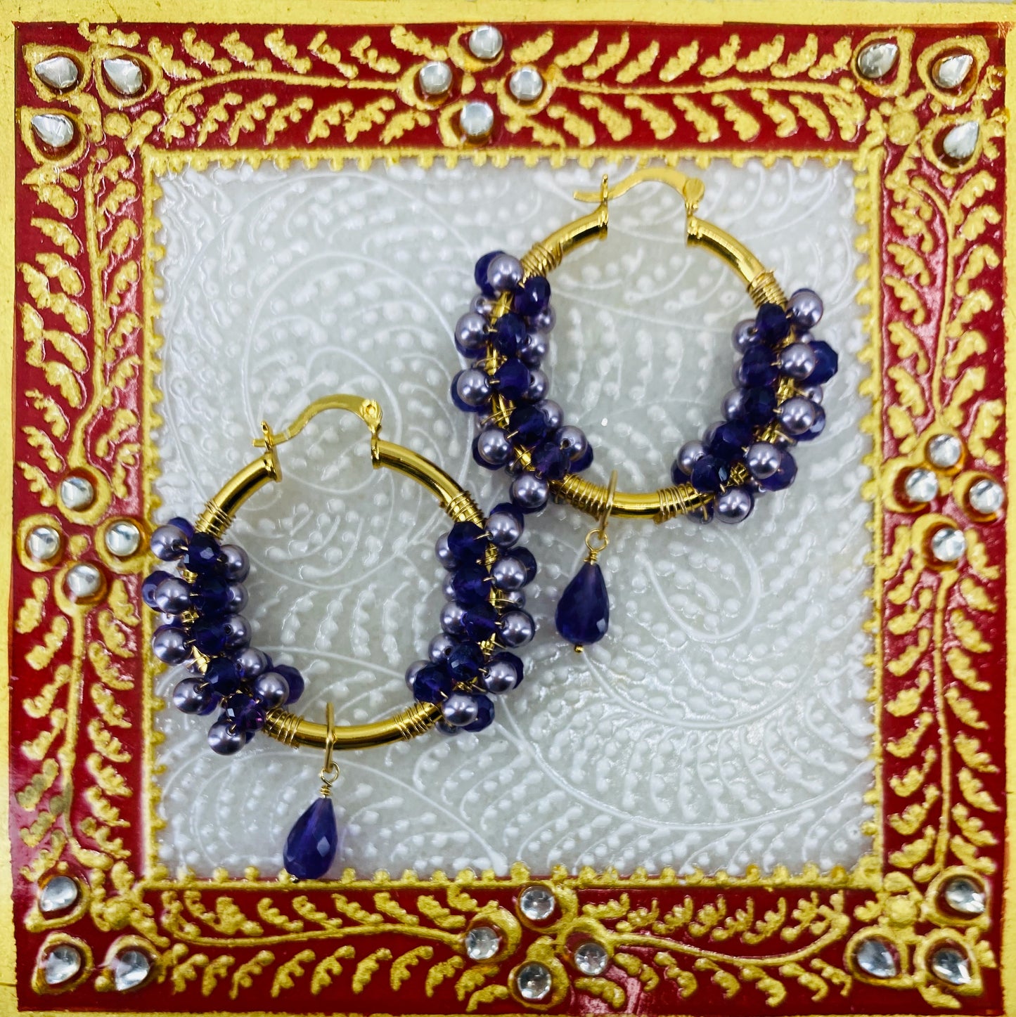 Gold Vermeil hoop statement fashion Earrings Purple Pearl Amethyst