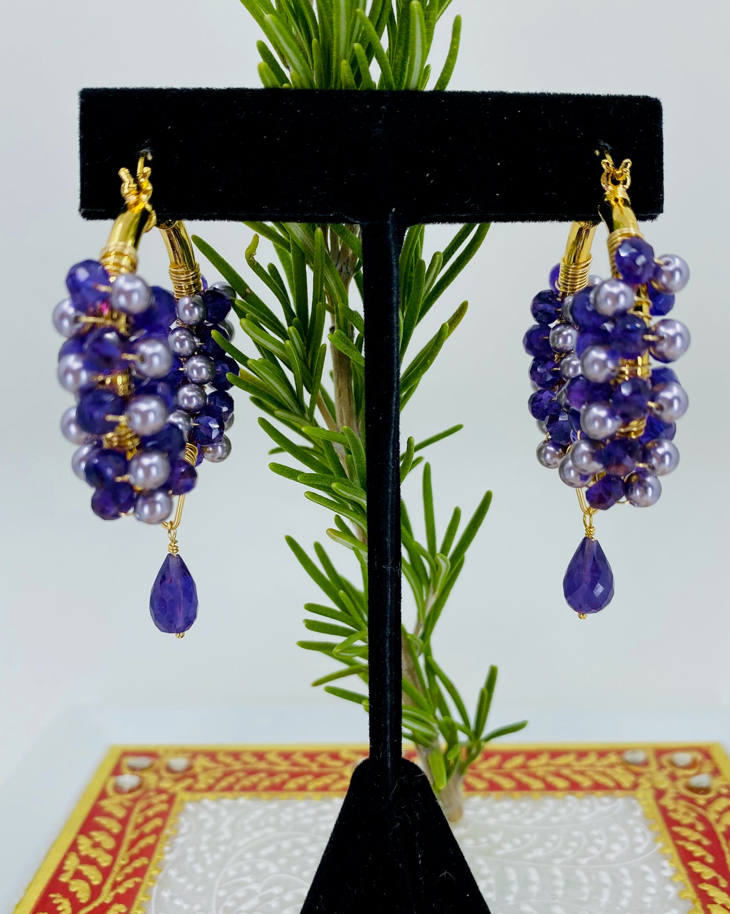 Vermeil statement Purple long hoop Gold gemstone fashion Earrings Amethyst