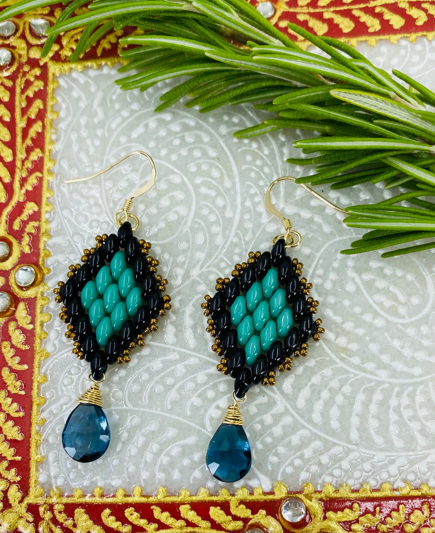 Topaz Superduo long London Blue Topaz Gold Filled Gold glass gemstone Earrings dangle Blue Black