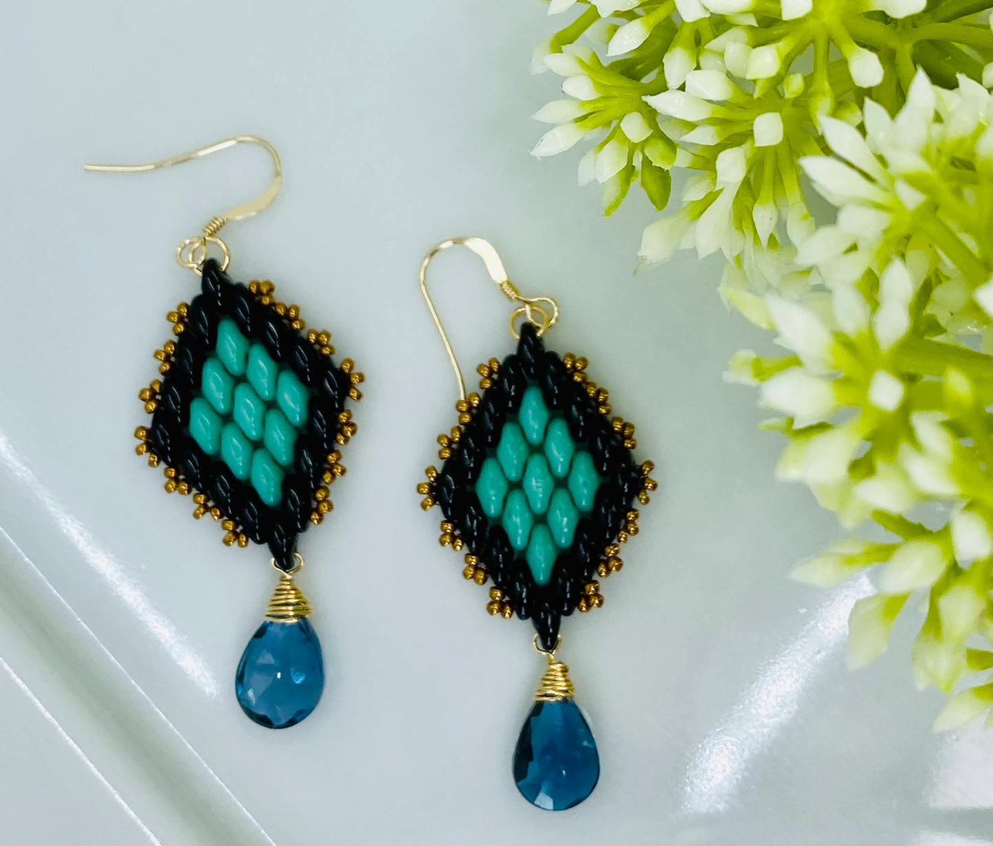 Topaz Superduo long London Blue Topaz Gold Filled Gold glass gemstone Earrings dangle Blue Black