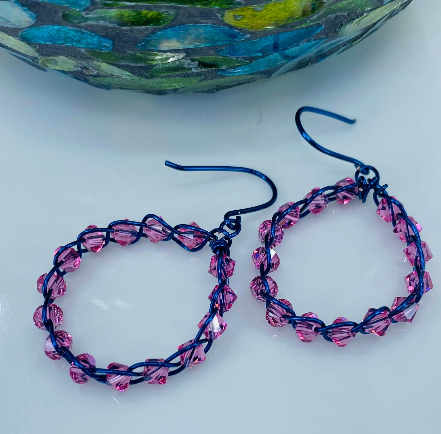 plated Pink medium hoop Earrings Crystal Blue