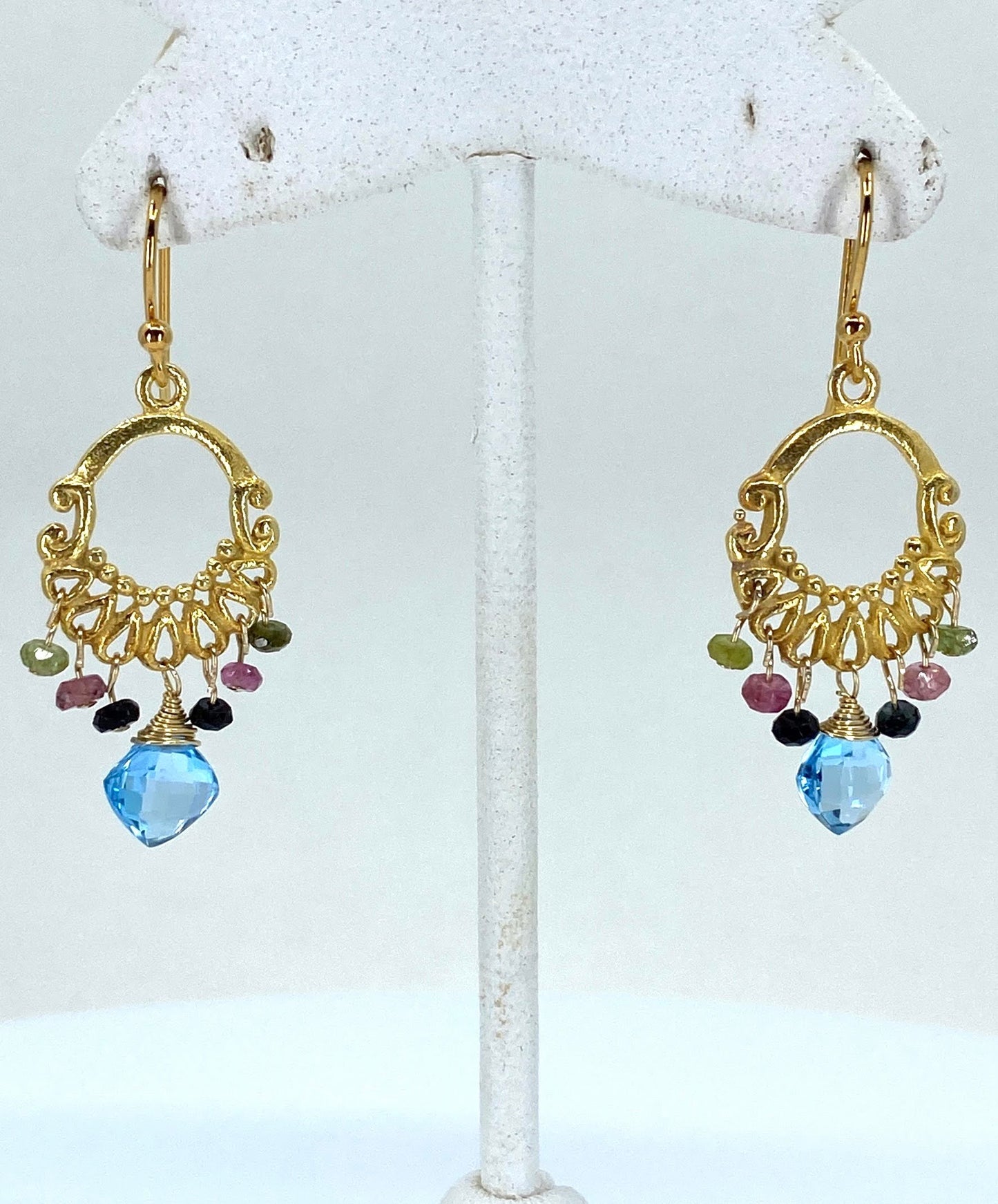 Vermeil Tourmaline Swiss Blue Topaz short multicolored gemstone Earrings Chandelier Blue