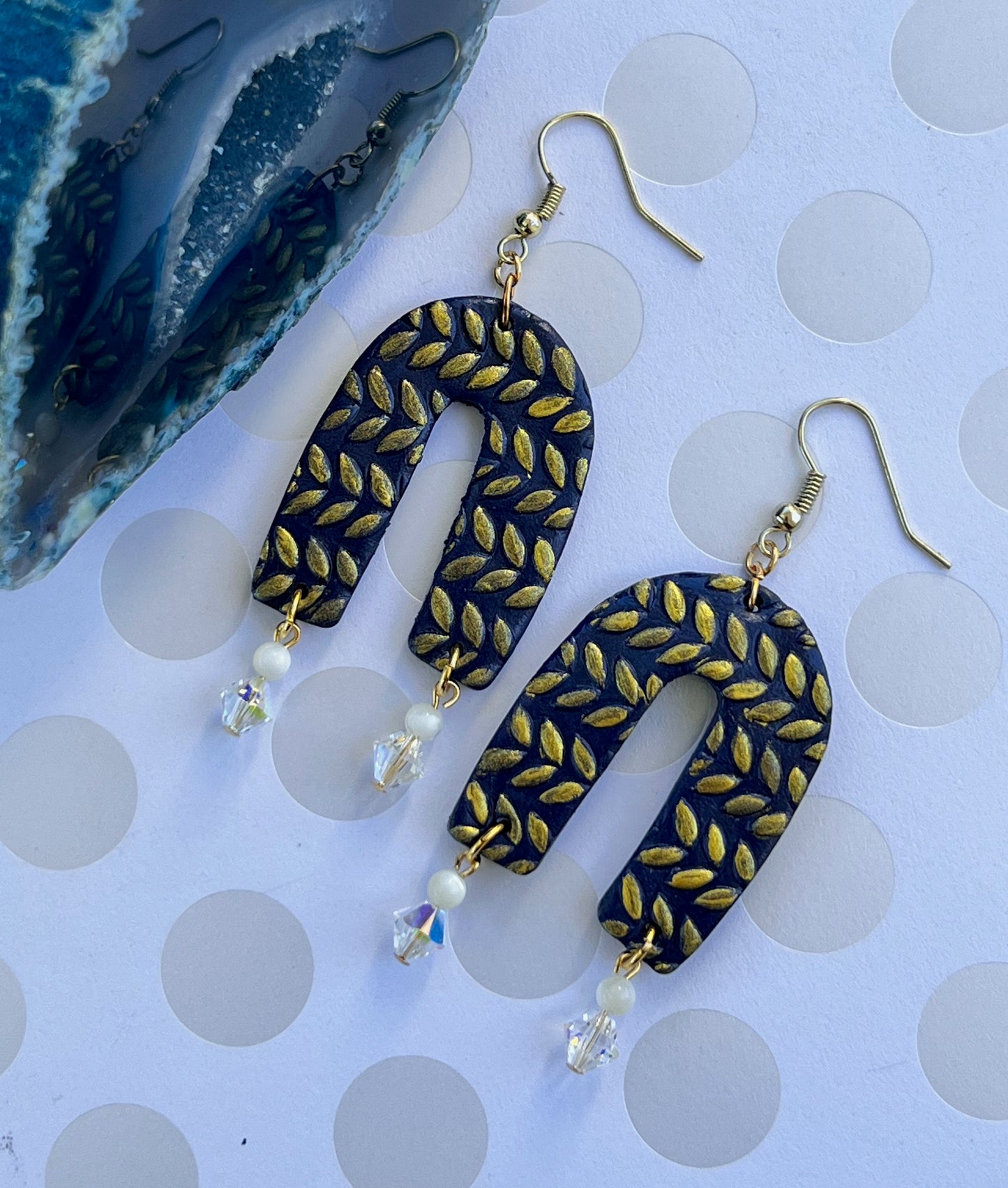 dangle Crystal White long lightweight Gold Earrings clay Blue