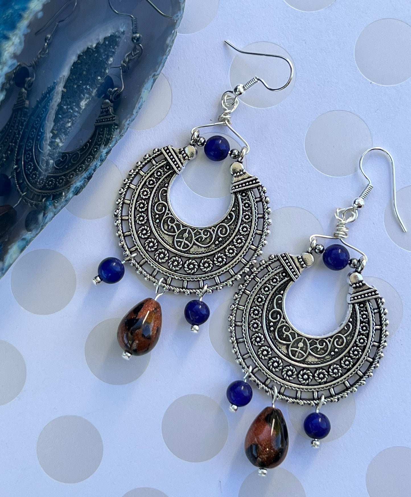 quartz goldstone brown Silver plated long gemstone Earrings Chandelier Blue