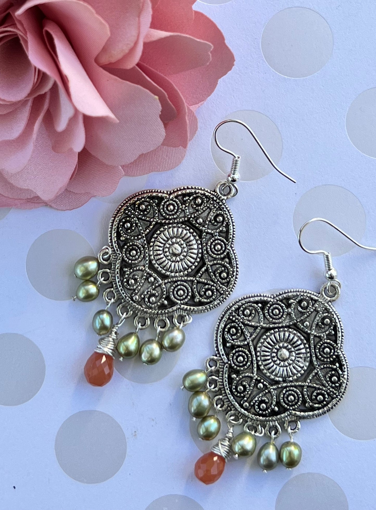 partywear statement long Chandelier gemstone Pearl moonstone Orange peach Green Silver Earrings