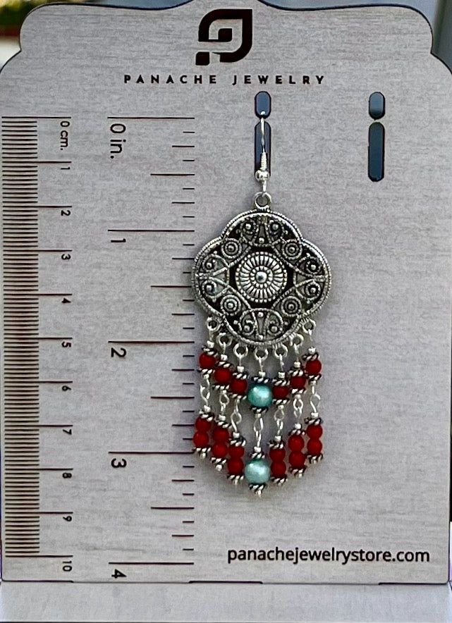 Earrings long Pearl Coral Chandelier plated gemstone Silver Blue Red