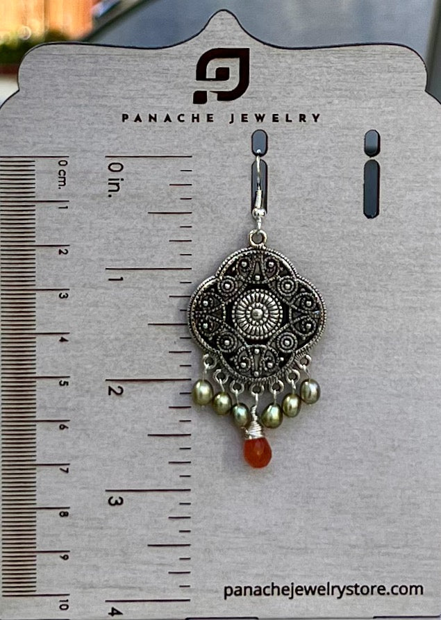 partywear statement long Chandelier gemstone Pearl moonstone Orange peach Green Silver Earrings