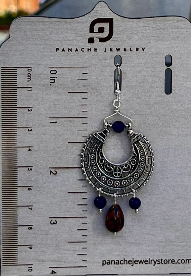 quartz goldstone brown Silver plated long gemstone Earrings Chandelier Blue