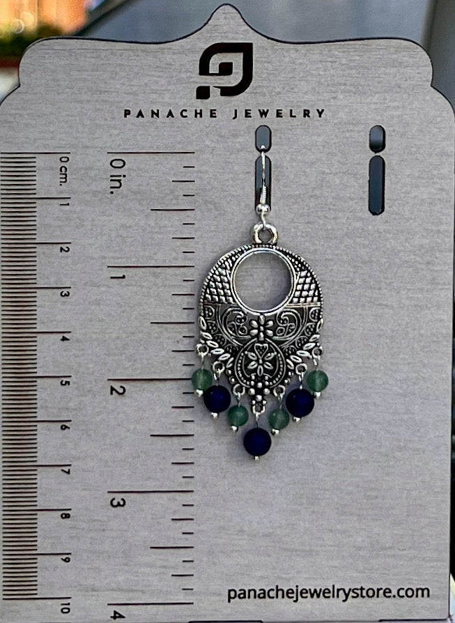Green aventurine Silver quartz plated long gemstone Earrings Chandelier Blue