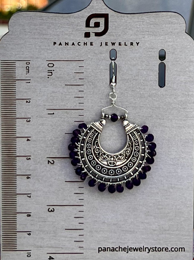 Earrings partywear long Chandelier statement plated Silver Purple Amethyst