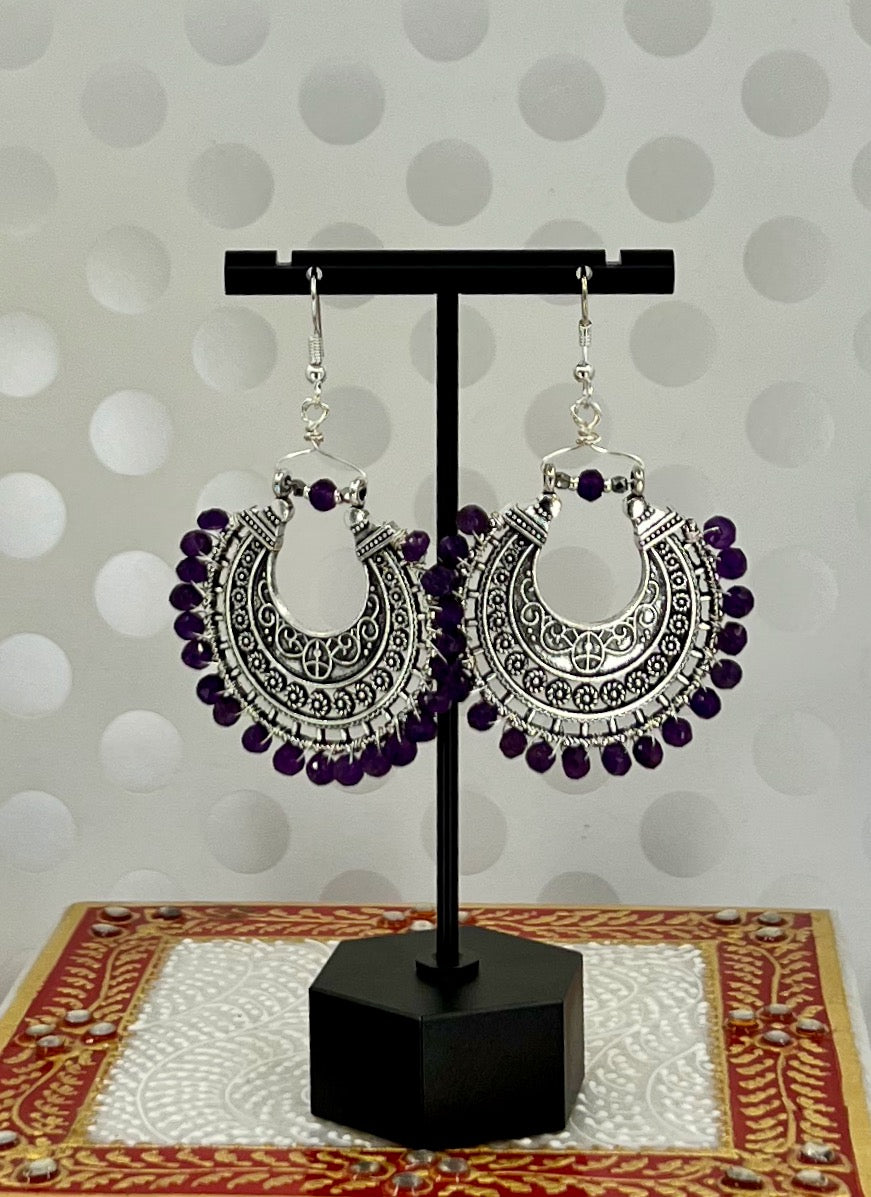 Earrings partywear long Chandelier statement plated Silver Purple Amethyst