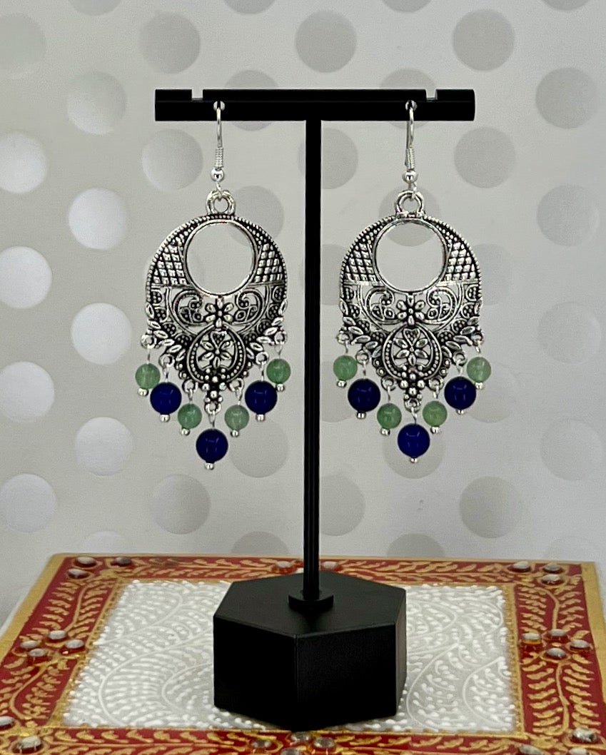 Green aventurine Silver quartz plated long gemstone Earrings Chandelier Blue