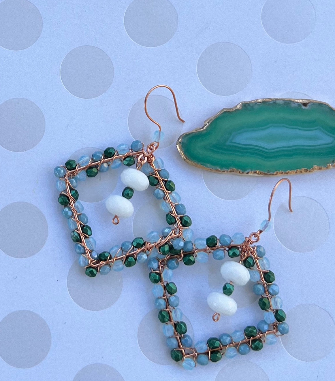 Green long Chandelier copper chalcedony Blue White gemstone Earrings