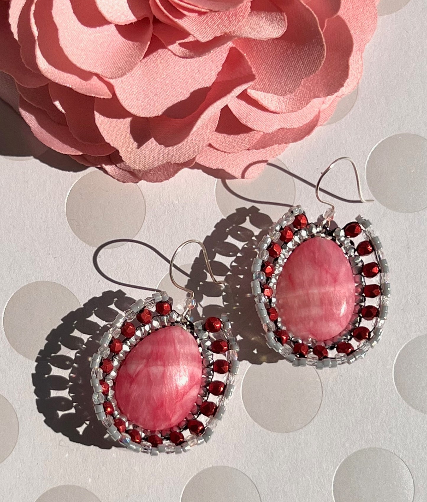 statement dangle medium czech glass Red Pink Rhodochrosite Silver gemstone Earrings