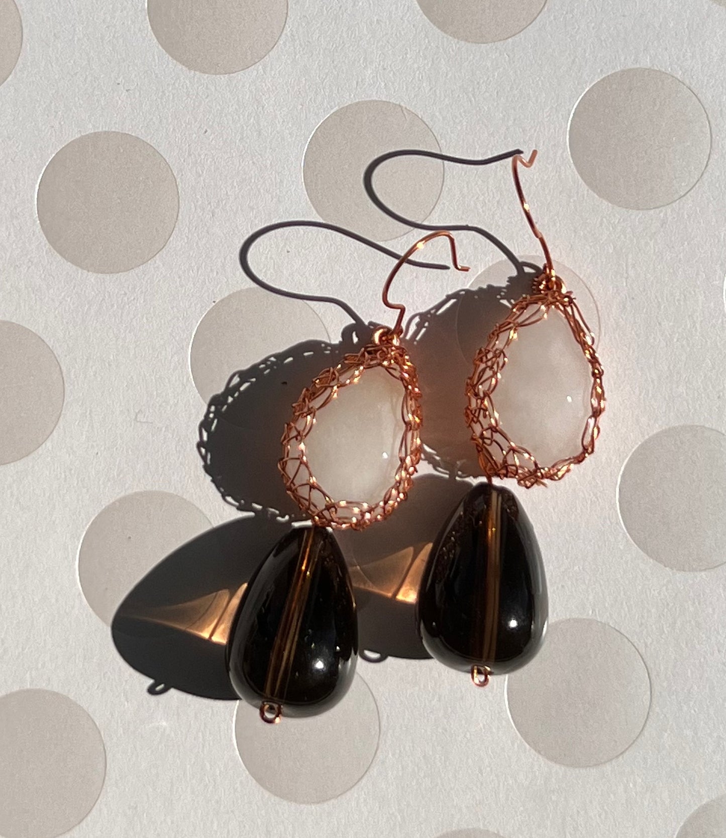 long jade copper brown White smoky quartz medium gemstone Earrings dangle