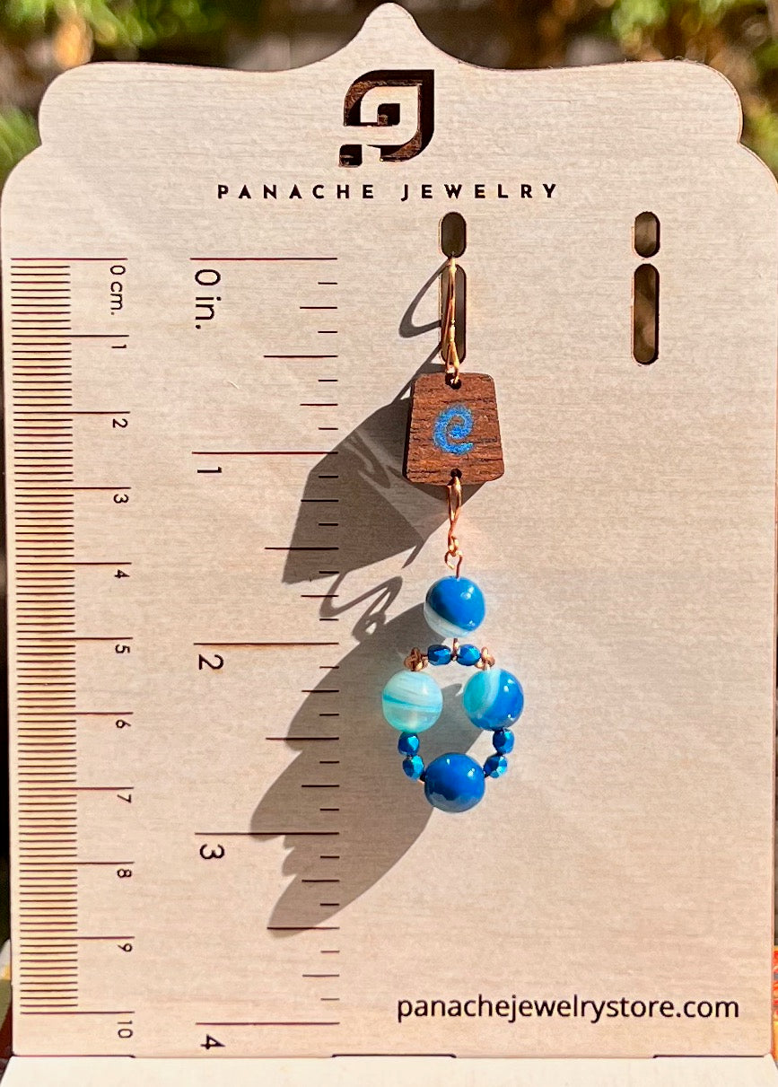 Blue czech glass long agate gemstone Earrings dangle copper brown
