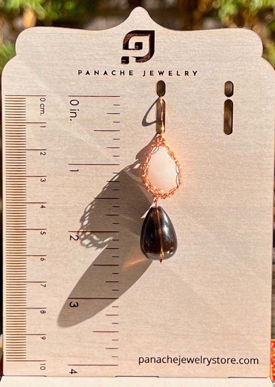 long jade copper brown White smoky quartz medium gemstone Earrings dangle