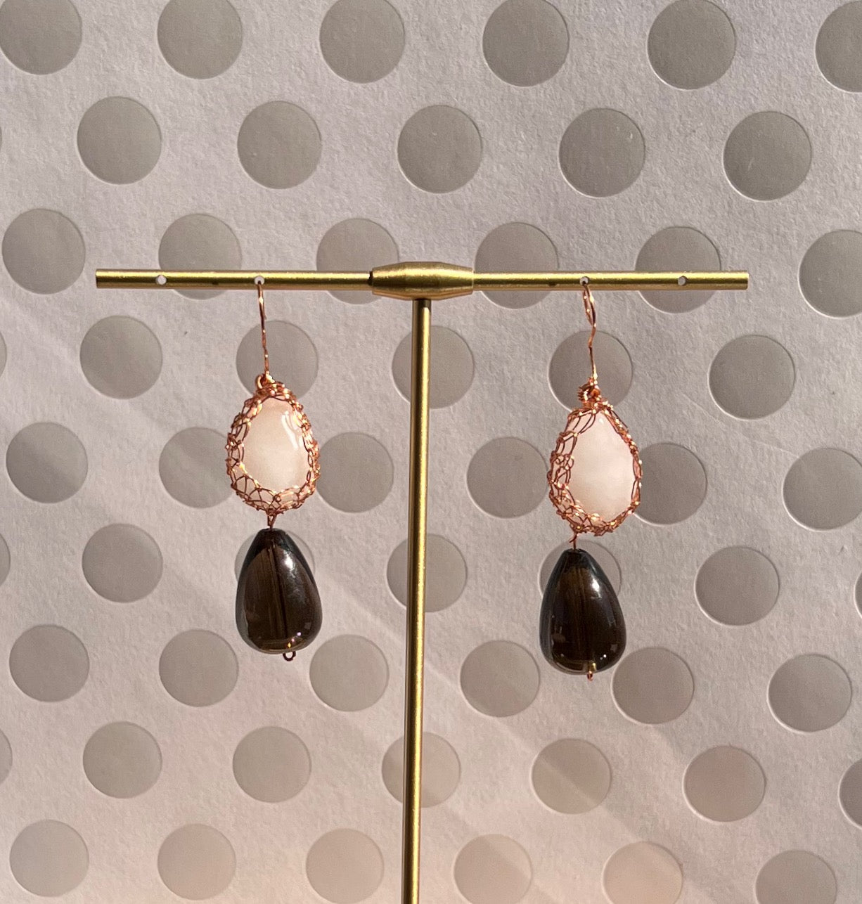 long jade copper brown White smoky quartz medium gemstone Earrings dangle