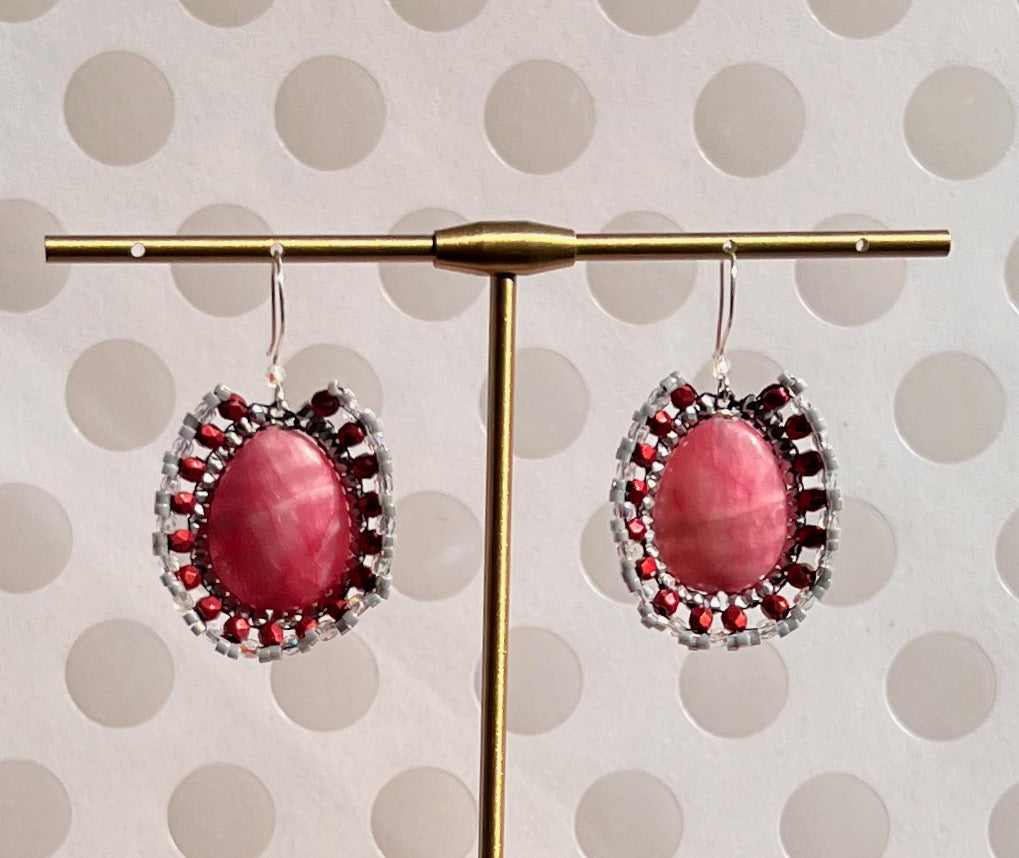 statement dangle medium czech glass Red Pink Rhodochrosite Silver gemstone Earrings