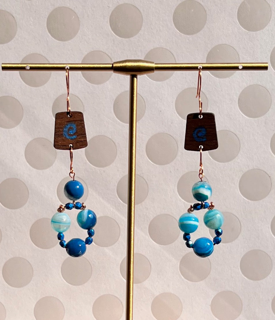 Blue czech glass long agate gemstone Earrings dangle copper brown