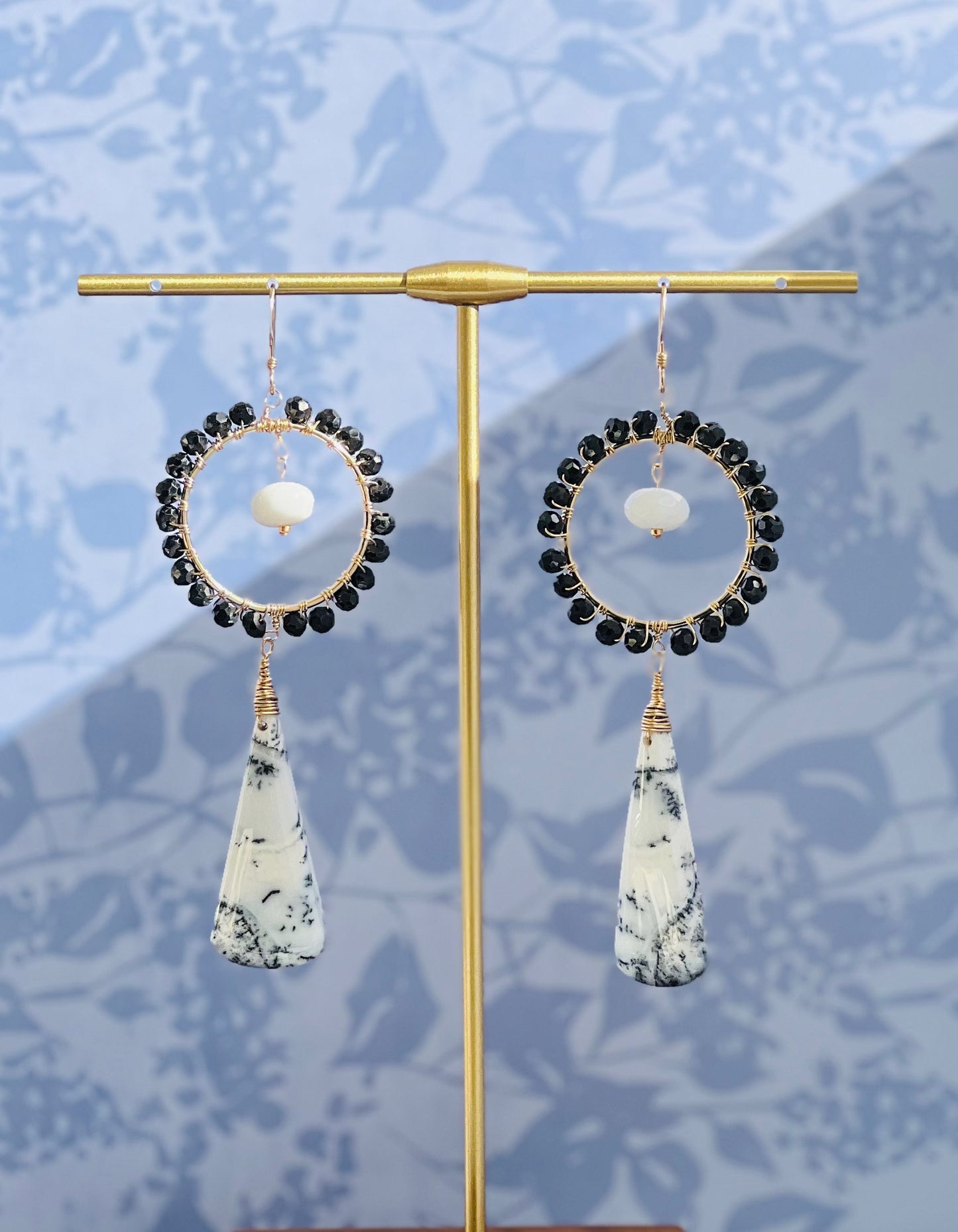 White Black jade dendrite Black Spinel Semiprecious long Gold Filled Gold gemstone Earrings dangle