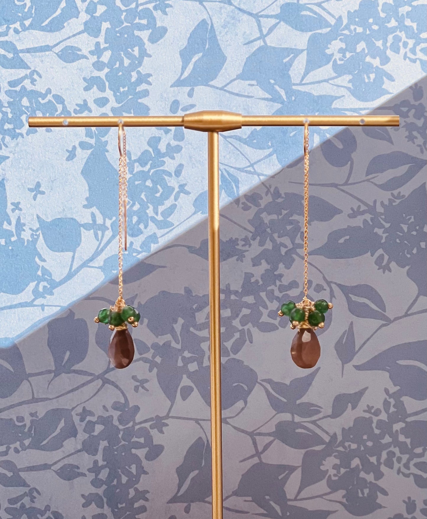 chocolate Green long Semiprecious moonstone Gold Filled Gold gemstone Earrings dangle coffee