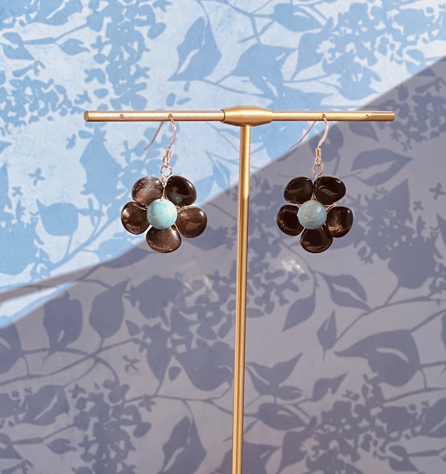 Larimar moonstone coffee Black Semiprecious medium Gold Filled Gold gemstone Earrings dangle Blue