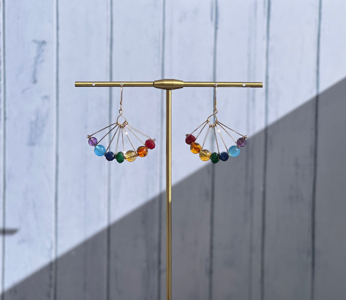 Multi-colored multicolored Red Orange yellow Green Blue indigo Purple rainbow medium Semiprecious Gold Filled Gold gemstone Earrings dangle