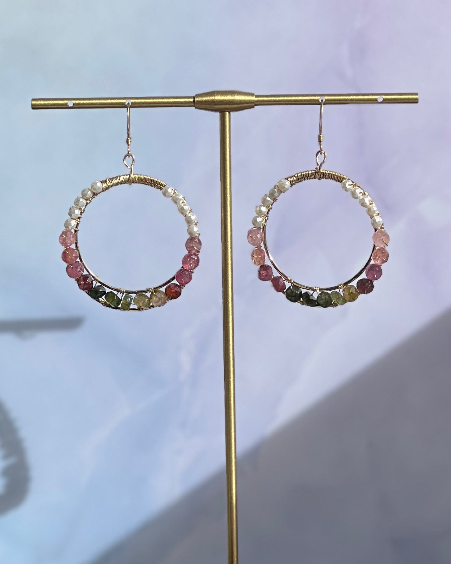 Multi-colored multicolored White Pearl Tourmaline Chandelier medium Semiprecious Gold Filled Gold gemstone Earrings