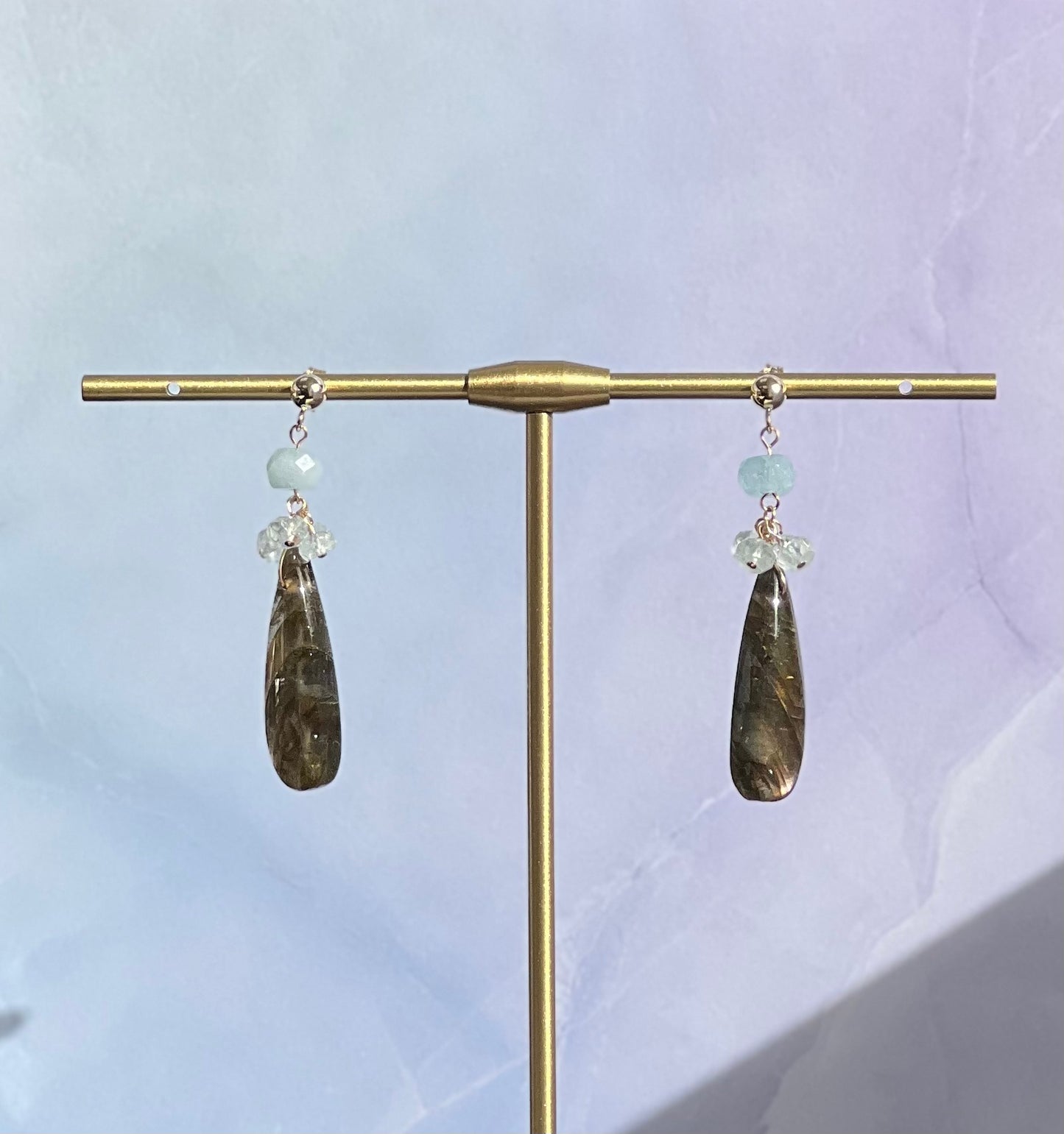 Blue grey aquamarine labradorite dangle Semiprecious medium Gold Filled Gold gemstone Earrings