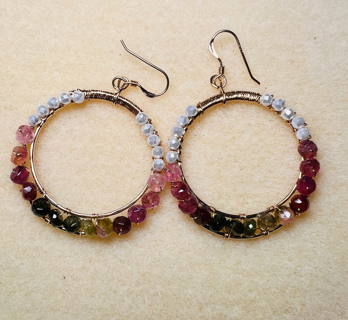 Multi-colored multicolored White Pearl Tourmaline Chandelier medium Semiprecious Gold Filled Gold gemstone Earrings