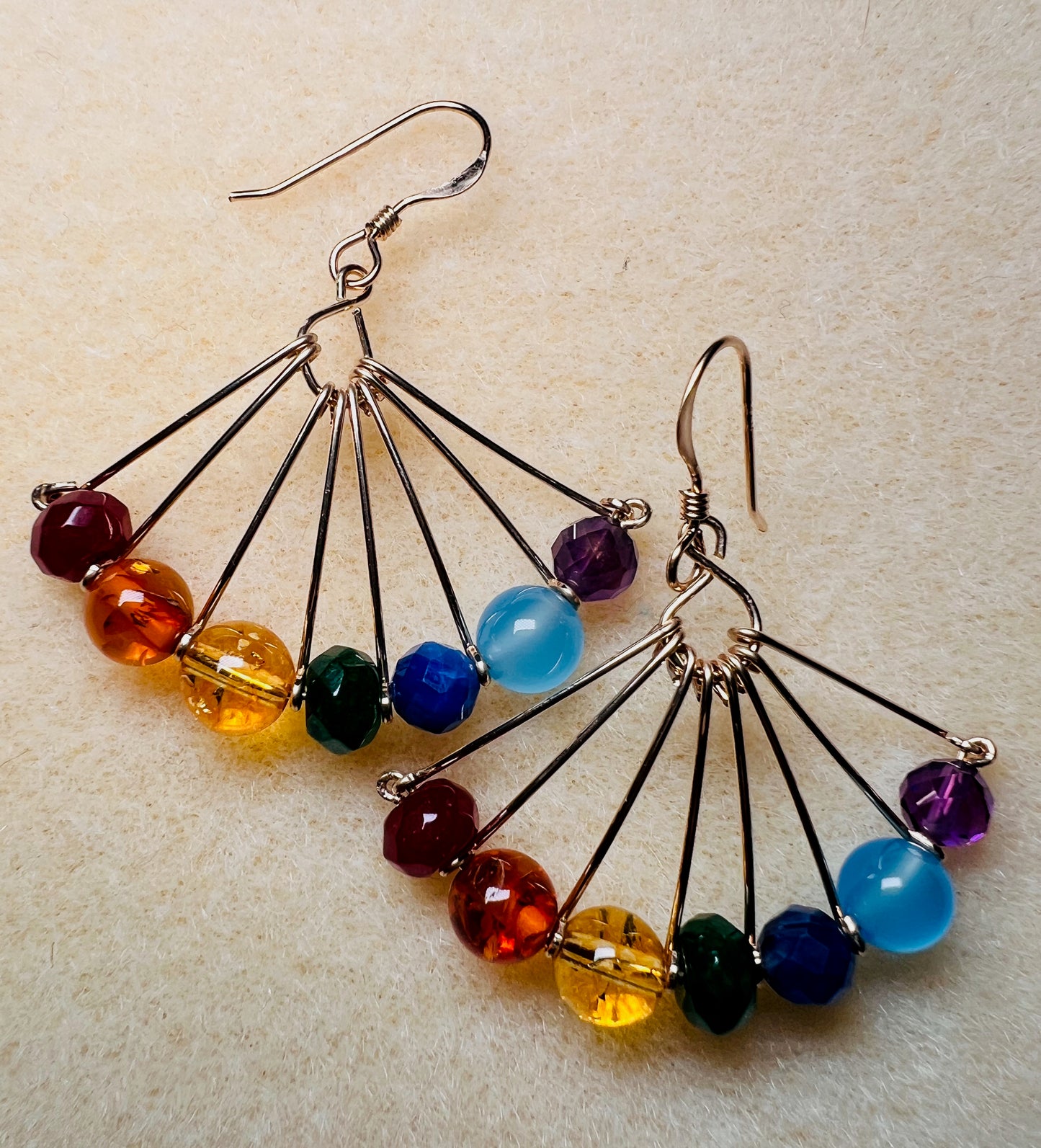 Multi-colored multicolored Red Orange yellow Green Blue indigo Purple rainbow medium Semiprecious Gold Filled Gold gemstone Earrings dangle