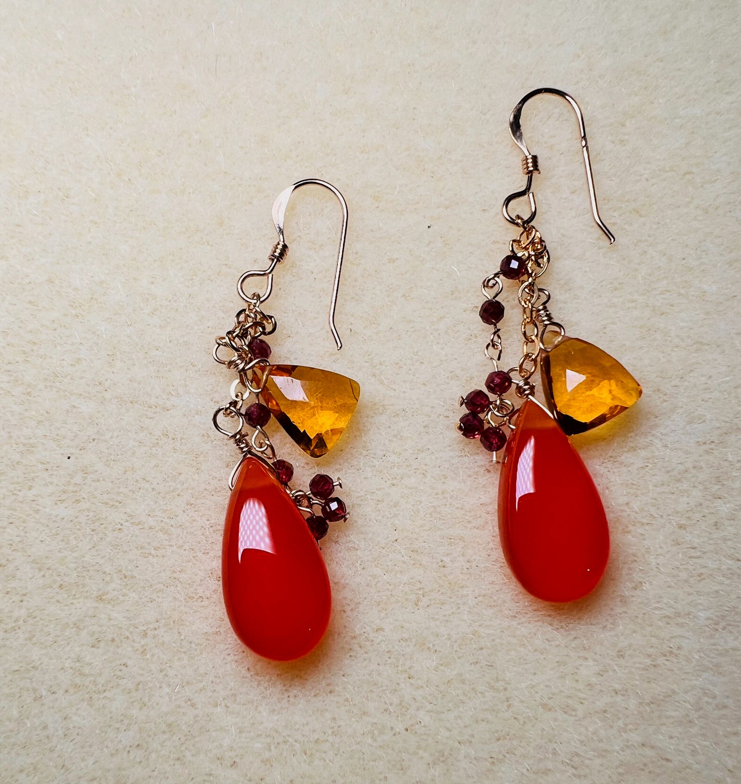 yellow quartz Orange carnelian dangle Semiprecious medium Gold Filled Gold gemstone Earrings