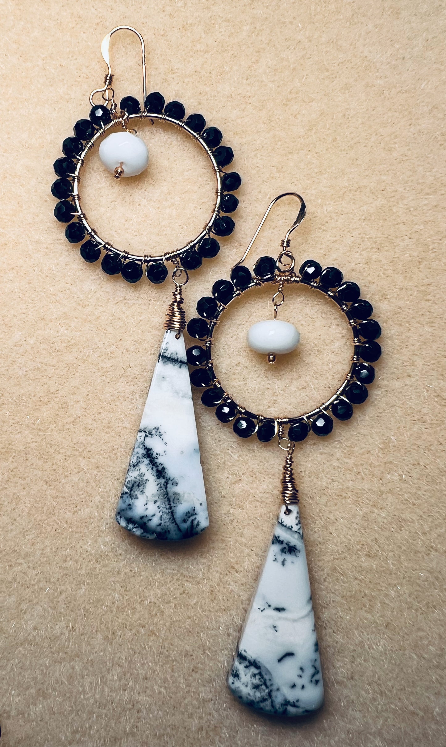 White Black jade dendrite Black Spinel Semiprecious long Gold Filled Gold gemstone Earrings dangle