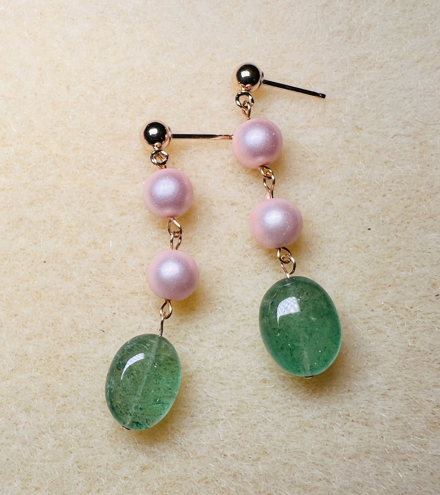 Pearl quartz Green Pink Semiprecious medium Gold Filled Gold gemstone Earrings dangle