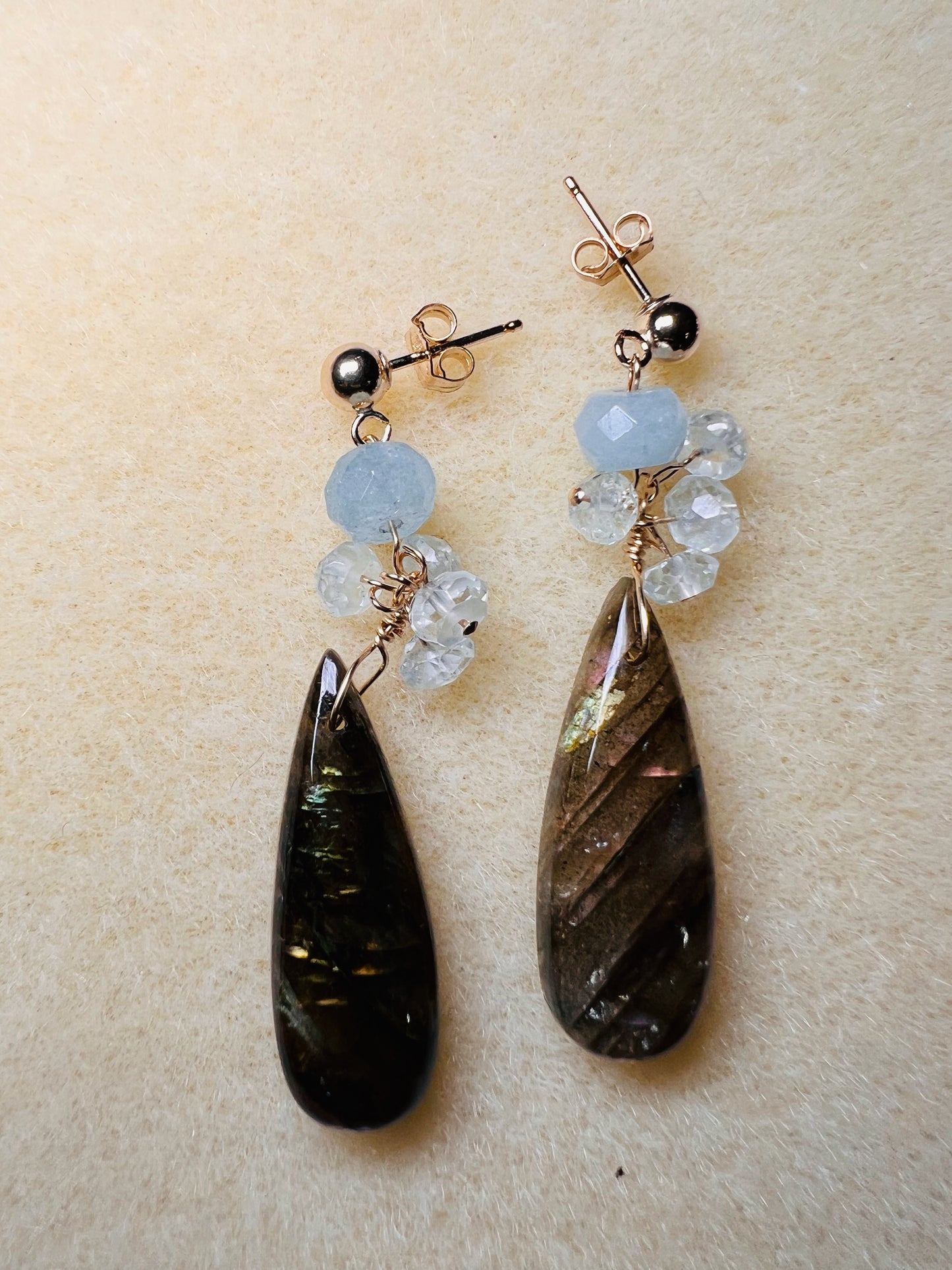 Blue grey aquamarine labradorite dangle Semiprecious medium Gold Filled Gold gemstone Earrings
