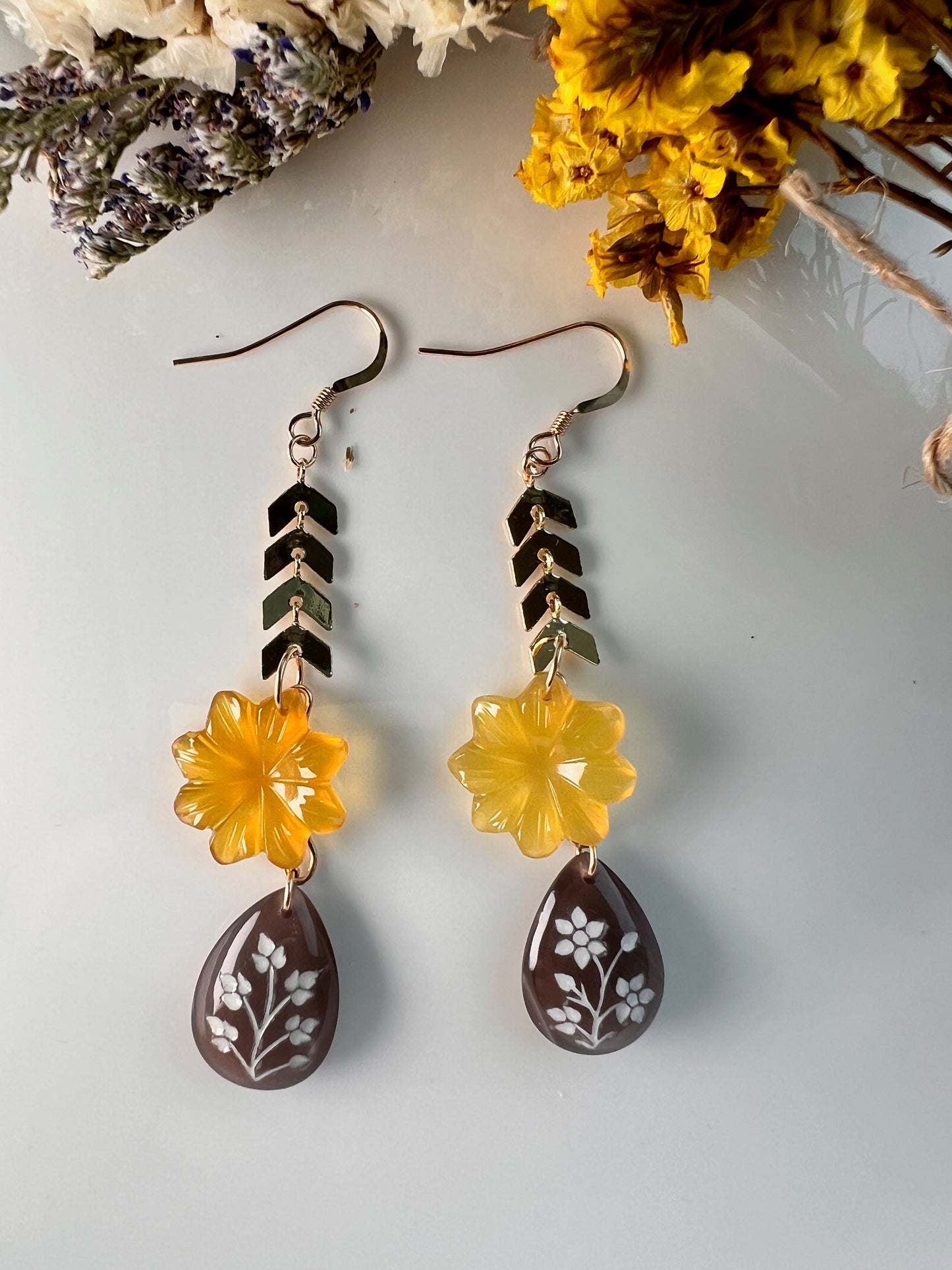 yellow mother of pearl citrine drop long Semiprecious Gold Filled Gold gemstone Earrings