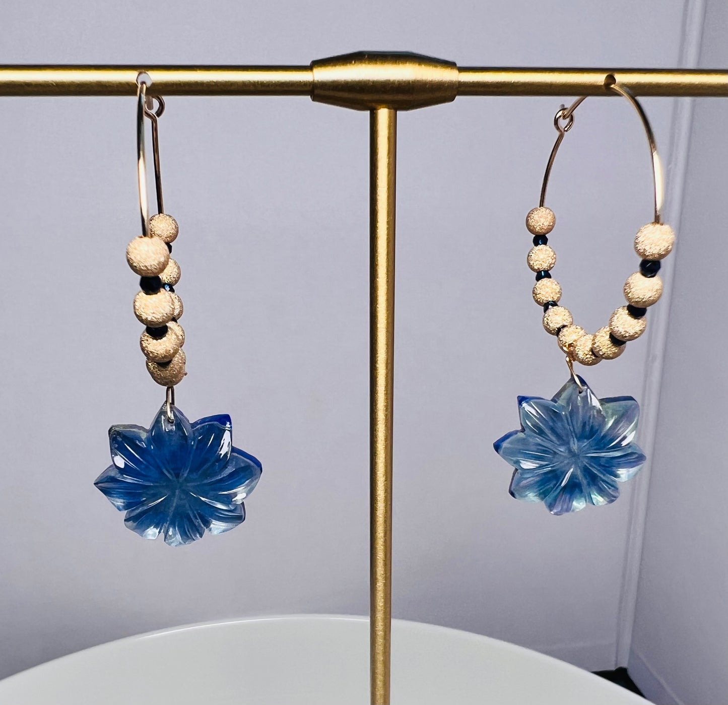 Blue spinel lapis lazuli long Semiprecious Gold Filled Gold gemstone Earrings
