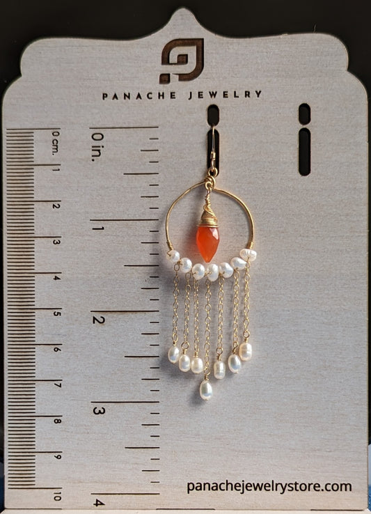 White Orange carnelian Pearl Semiprecious long Gold Filled Gold gemstone Earrings dangle