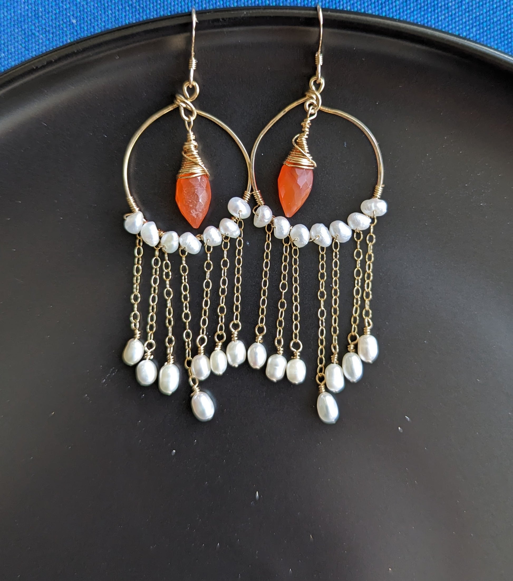 White  Orange  carnelian  Pearl  Semiprecious  long  Gold Filled  Gold  gemstone  Earrings  dangle