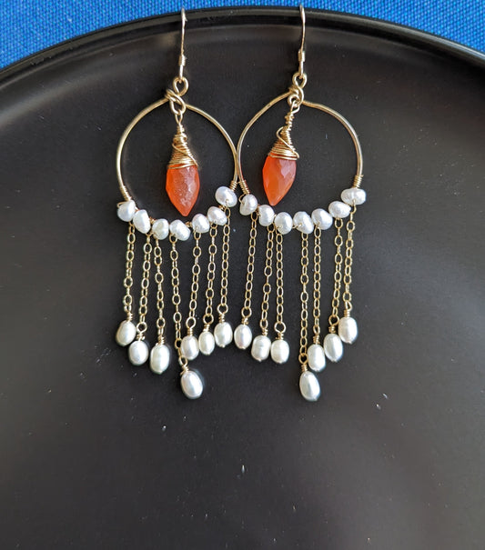 White Orange carnelian Pearl Semiprecious long Gold Filled Gold gemstone Earrings dangle