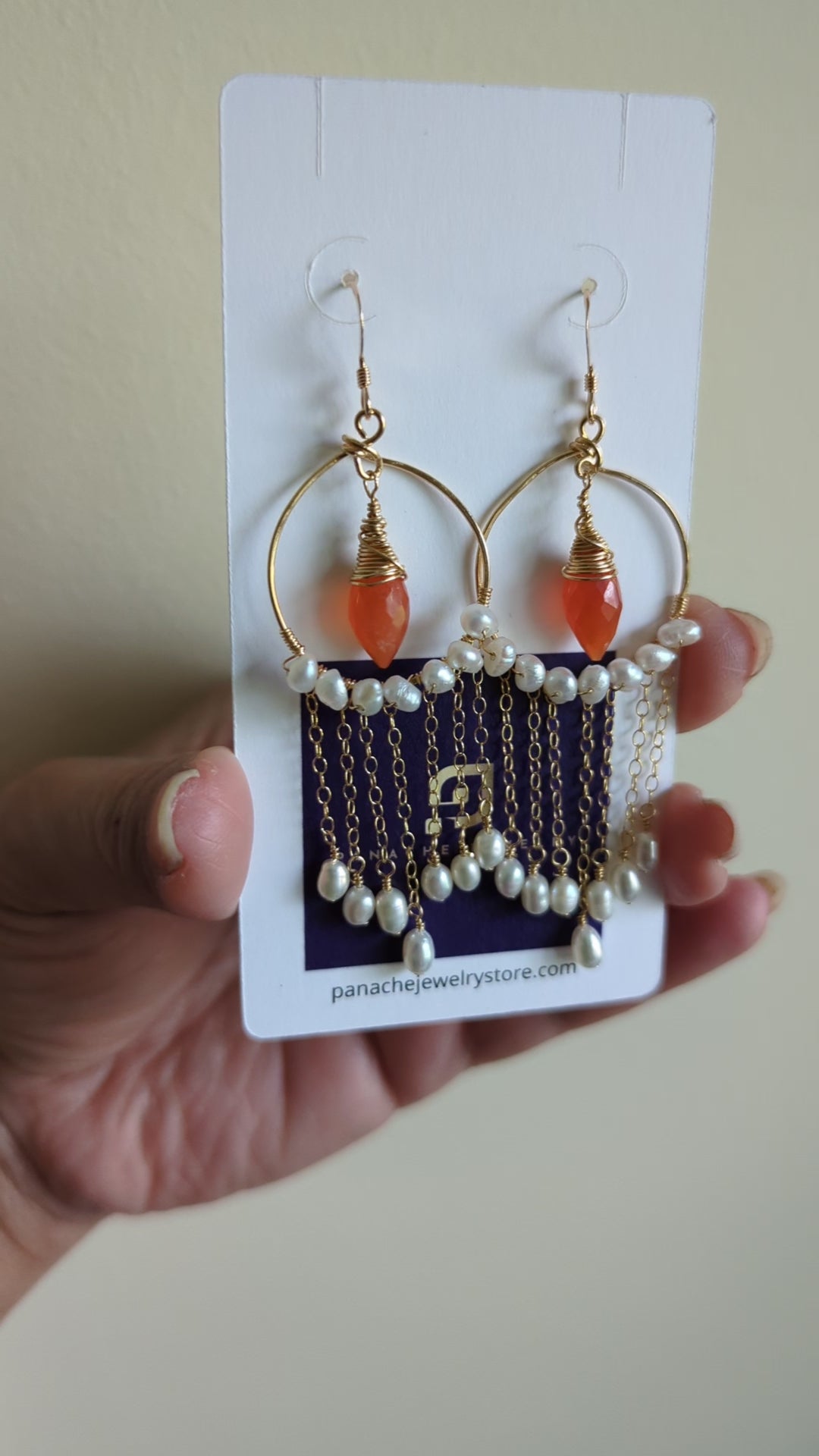 White  Orange  carnelian  Pearl  Semiprecious  long  Gold Filled  Gold  gemstone  Earrings  dangle