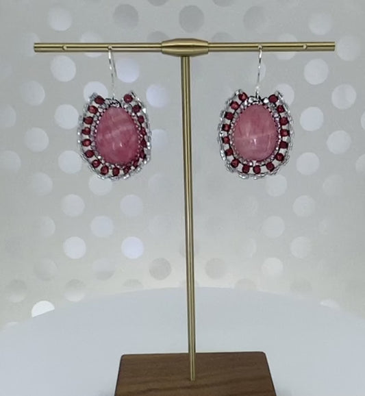 statement dangle medium czech glass Red Pink Rhodochrosite Silver gemstone Earrings